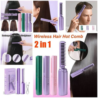 2-in-1 Hair Styling Brush, Straightener, Curler Comb | Negative Ion Heating – Rechargeable (random Color)