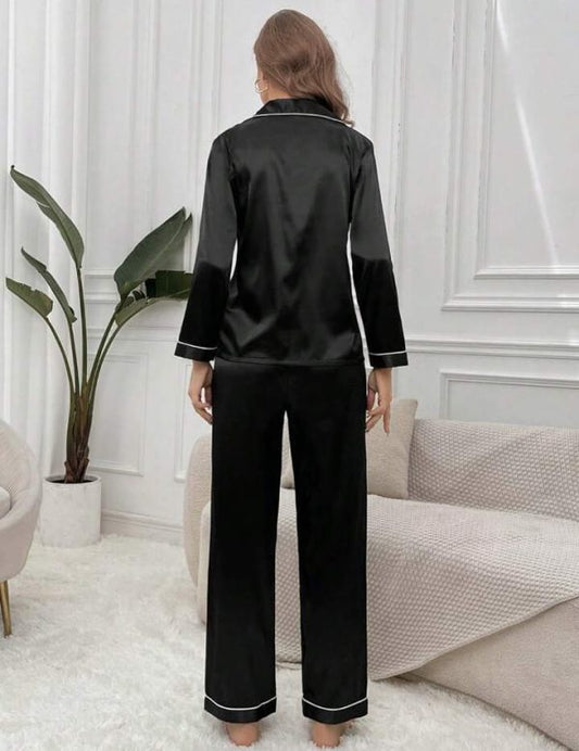 Black Women’s Simple Daily Long-sleeve Silk Pajama Suit Set With Long Pants